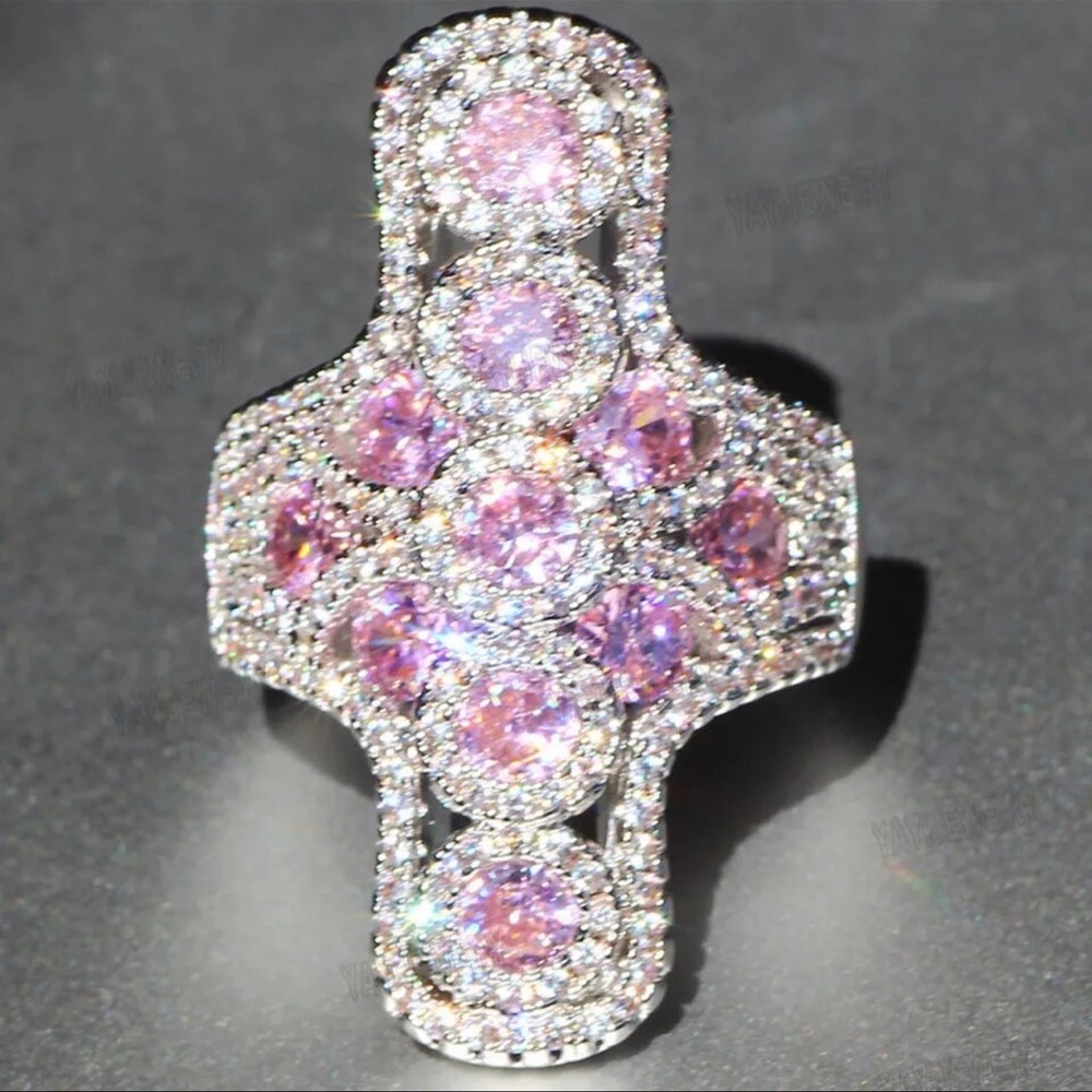 925 Silver Pink Cross Zircon Statement Ring - Picture 8 of 12